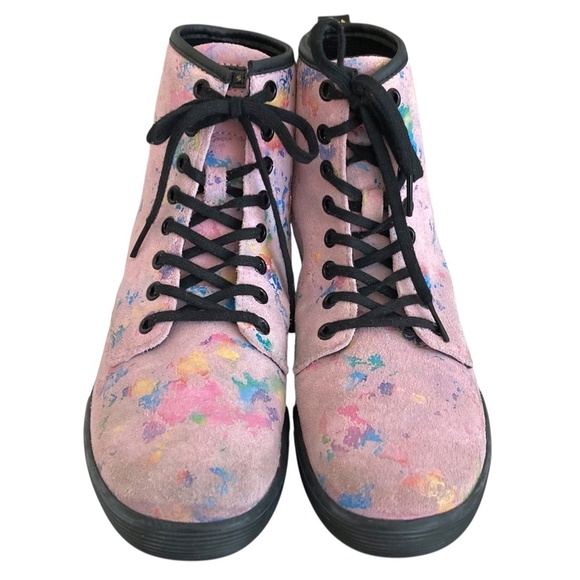 DR MARTENS Sheridan Confetti Suede Combat Ankle Boots Pink Rainbow Burst - Picture 6 of 13